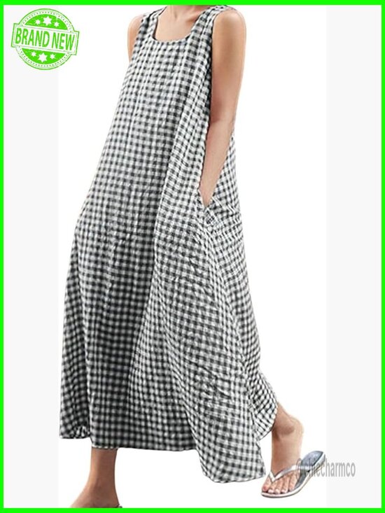 Dresses & Skirts - Cotton Plaid Tank Maxi Dress with Pockets Loose Fit